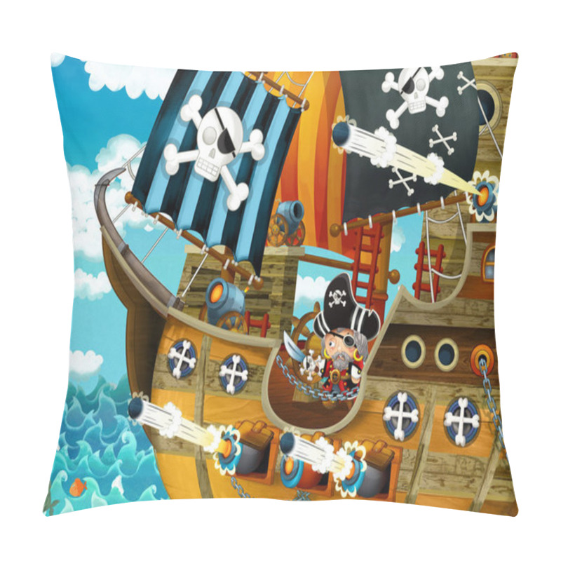 Personality  Cartoon Scene With Pirate Ship Sailing Through The Seas With Scary Pirates And Shooting Cannons - Illustration For Children Pillow Covers