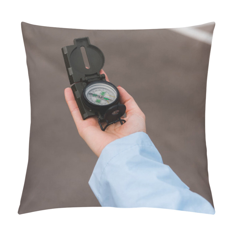 Personality  Close Up Of Woman Holding Compass Near Road  Pillow Covers