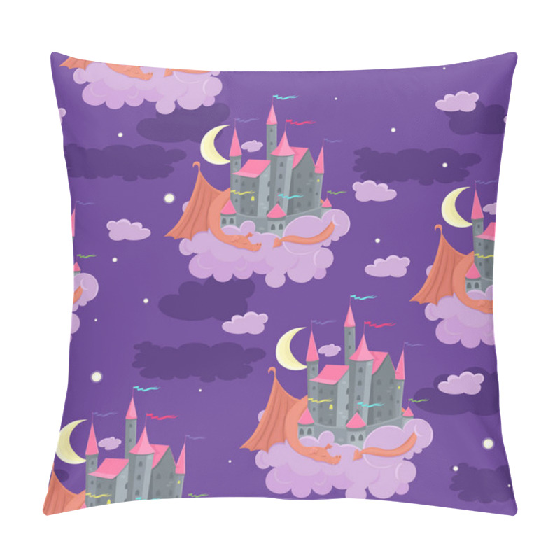 Personality  Seamless Pattern With Childish Illustration Of A Castle With A Sleeping Dragon. Vector Graphics. Pillow Covers