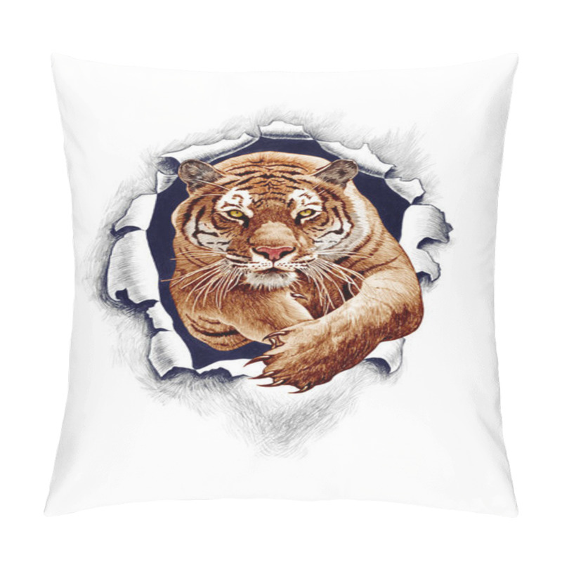 Personality  Tiger Jumping Punches Metal. Pencil Drawing Isolated On A White Background. Pillow Covers