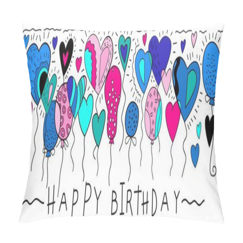 Personality  Vintage Decorative Postcard In Iconic Hand Drawn Pop Art Style. Joyful Celebration. Colourful Card With Different Inflatable Helium Balloons. Landscape Vector Illustration Isolated On White Background Pillow Covers