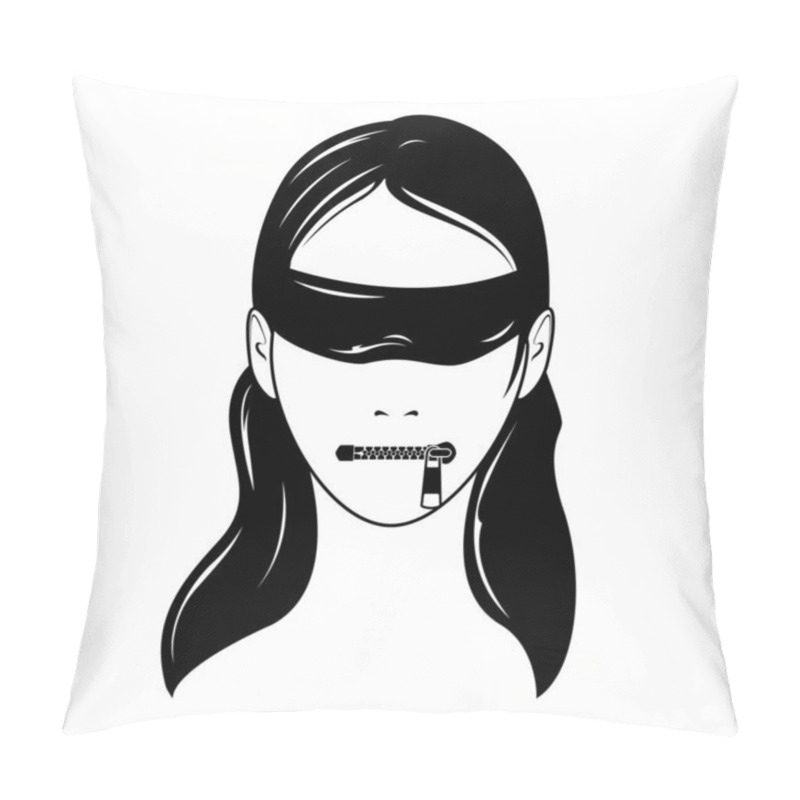 Personality  Face Of Woman With Blindfold And Closed Zip Fastener Instead Of Lips, Censorship And Secret, Keep Silence, Vector Pillow Covers