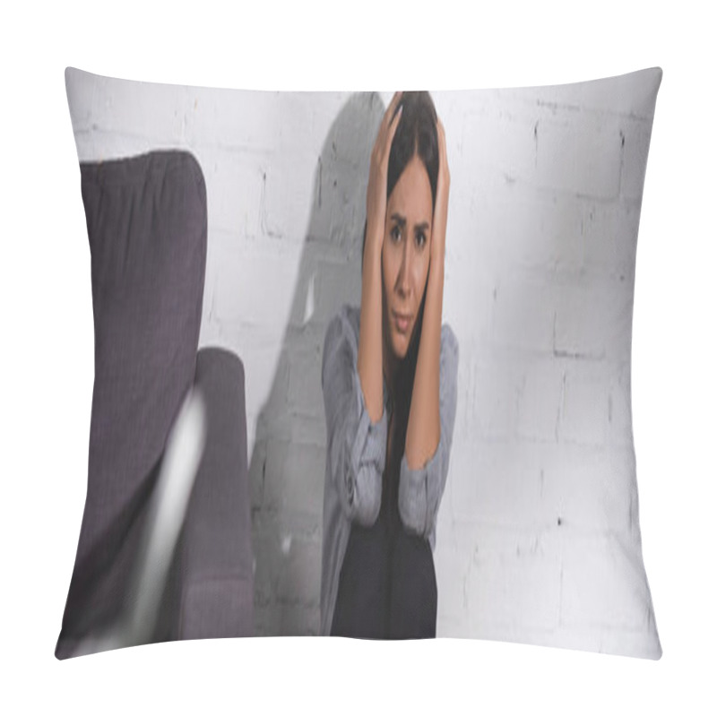 Personality  Panoramic Crop Of Woman Touching Head And Looking At Camera Pillow Covers