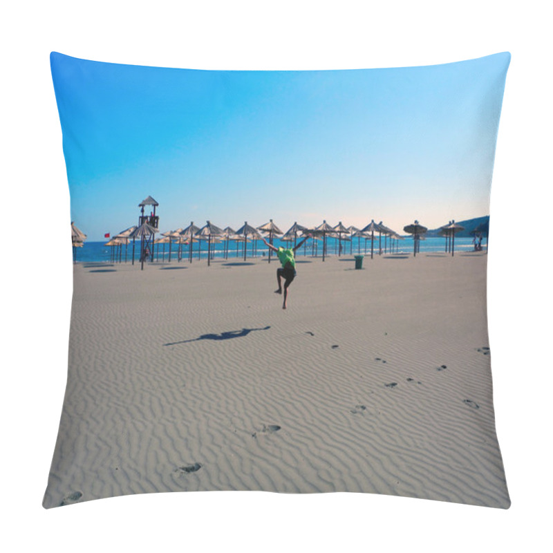 Personality  Jogging On The Long Beach Of Ulcinj, Montenegro. Pillow Covers