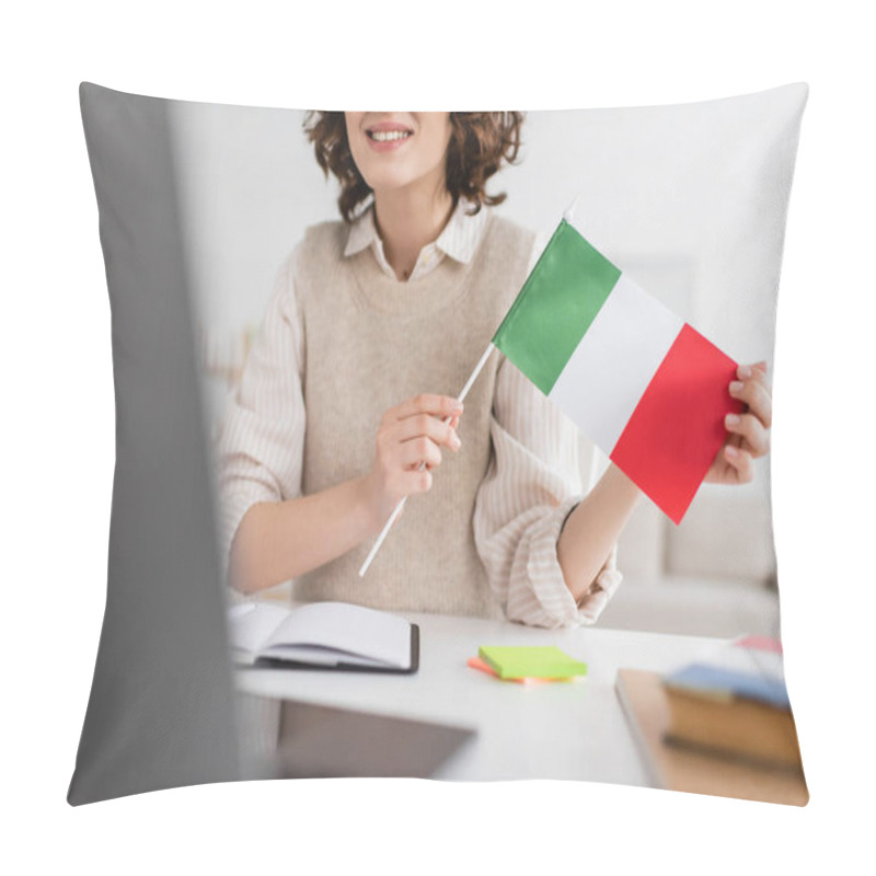 Personality  Partial View Of Smiling Language Teacher Holding Flag Of Italy During Online Lesson On Blurred Laptop At Home Pillow Covers