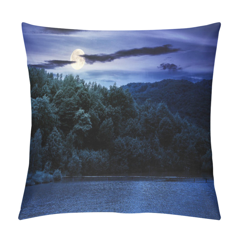 Personality  Lake Among Mountain Landscape In Spring At Night. Beautiful Countryside Scenery With Forest On The Shore In Full Moon Light. Clouds On The Sky Pillow Covers