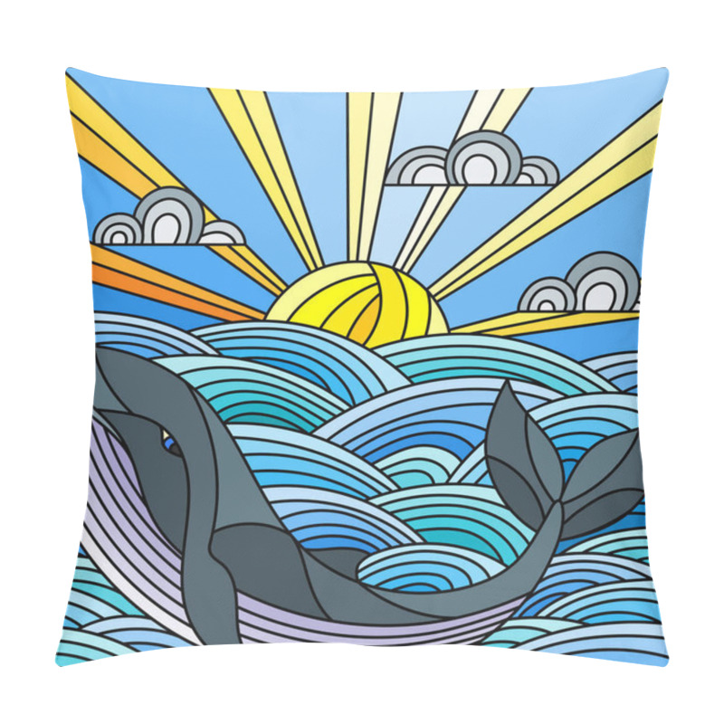 Personality  Illustration In Stained Glass Style Whale Into The Waves, Sunny Sky And Clouds Pillow Covers