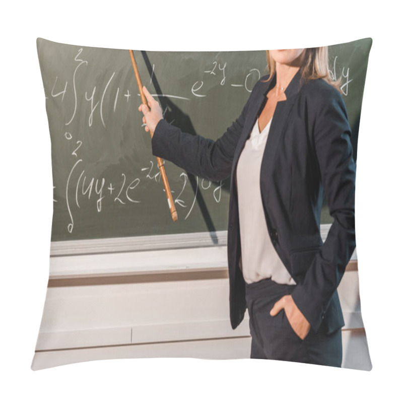 Personality  Cropped View Of Female Teacher With Wooden Pointer Explaining Mathematical Equations In Classroom Pillow Covers