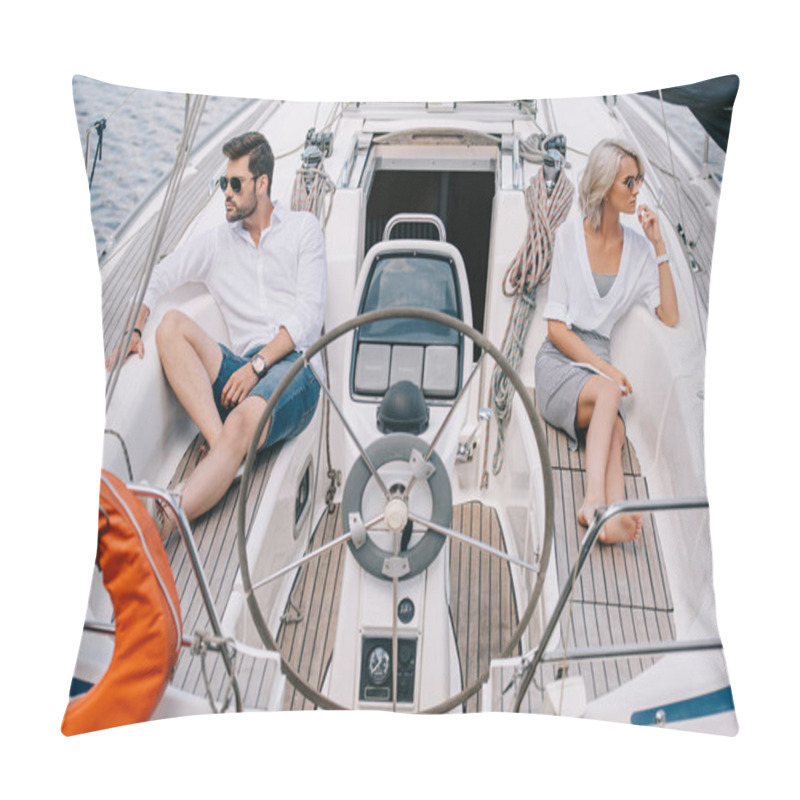 Personality  Serious Young Couple In Sunglasses Looking Away While Sitting On Yacht Pillow Covers