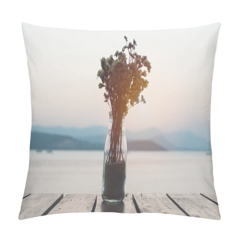 Personality  Bouquet Of Dried Flowers In Glass Jar Or Bottle On Wooden Table Over Blurred Sunset Behind Mountain And Sea View Background. Vase On Table Outdoor Decoration With Dramatic Evening Dawn Scenic. Pillow Covers