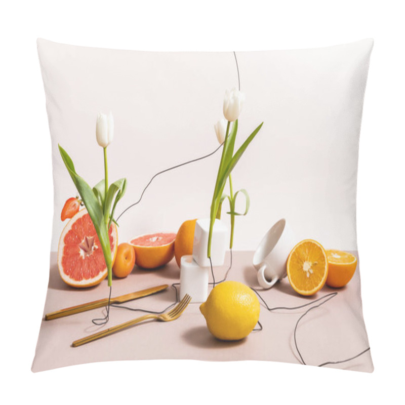 Personality  Floral And Fruit Composition With Tulips, Fruits, Cutlery Isolated On Beige Pillow Covers