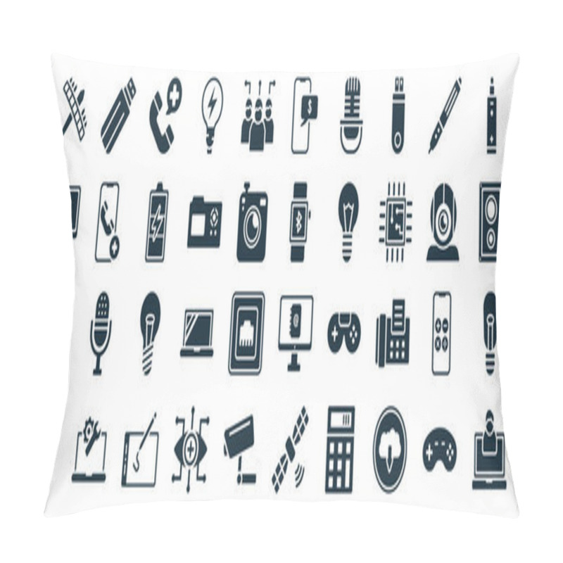 Personality  Set Of 40 Filled Technology Web Icons In Glyph Style Such As Green Flash, Recording, Tinsel, Robotic Hand, Front Webcam, Electronic Cigarette, Receive Money Message Icons Isolated On White Pillow Covers