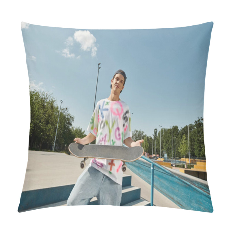 Personality  A Young Man Confidently Holds A Skateboard While Standing On Urban Steps, Exuding A Sense Of Freedom And Skill. Pillow Covers