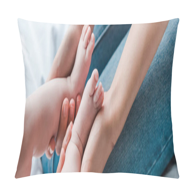 Personality  Panoramic Shot Of Mother Touching Legs Of Infant Baby At Home  Pillow Covers