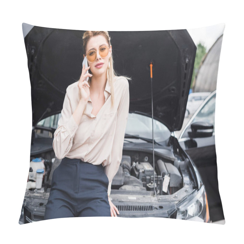 Personality  Businesswoman Talking On Smartphone Near Broken Auto With Open Trunk, Car Insurance Concept Pillow Covers