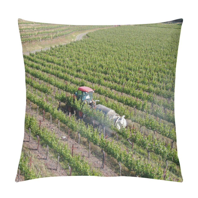 Personality  Farm Tractor Spraying Pesticides & Insecticides Herbicides Over Green Vineyard Field. Napa Valley, Napa County, California, USA, Pillow Covers