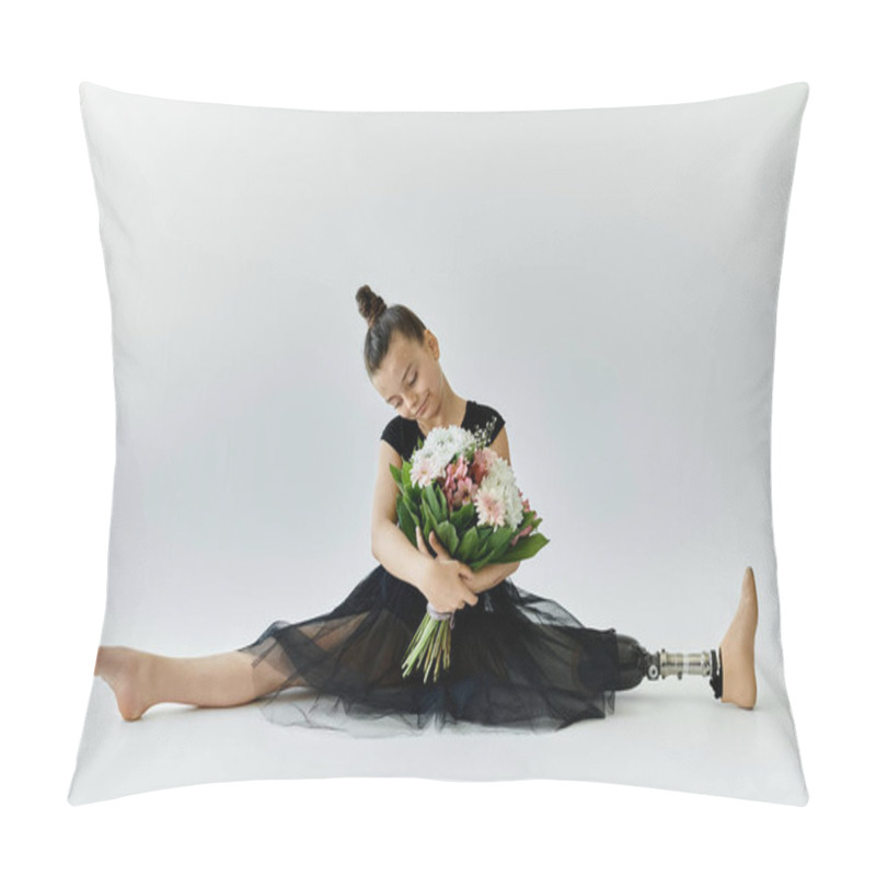 Personality  A Young Girl With A Prosthetic Leg Gracefully Performs A Split While Holding A Bouquet Of Flowers. Pillow Covers