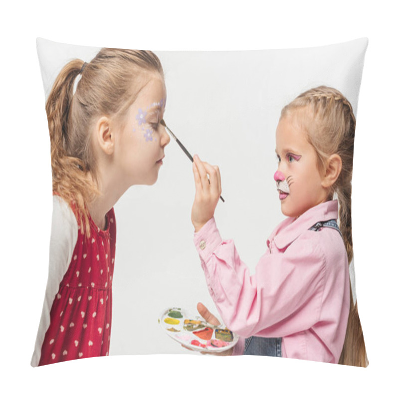 Personality  Cute Kid With Painted Cat Muzzle Painting Floral Pattern On Face Of Friend Isolated On White Pillow Covers