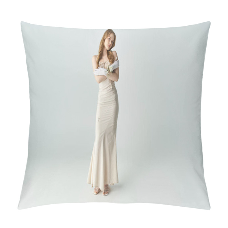 Personality  A Graceful Woman In A Stylish Gown Cradles Fresh Blooms With Elegance. Pillow Covers