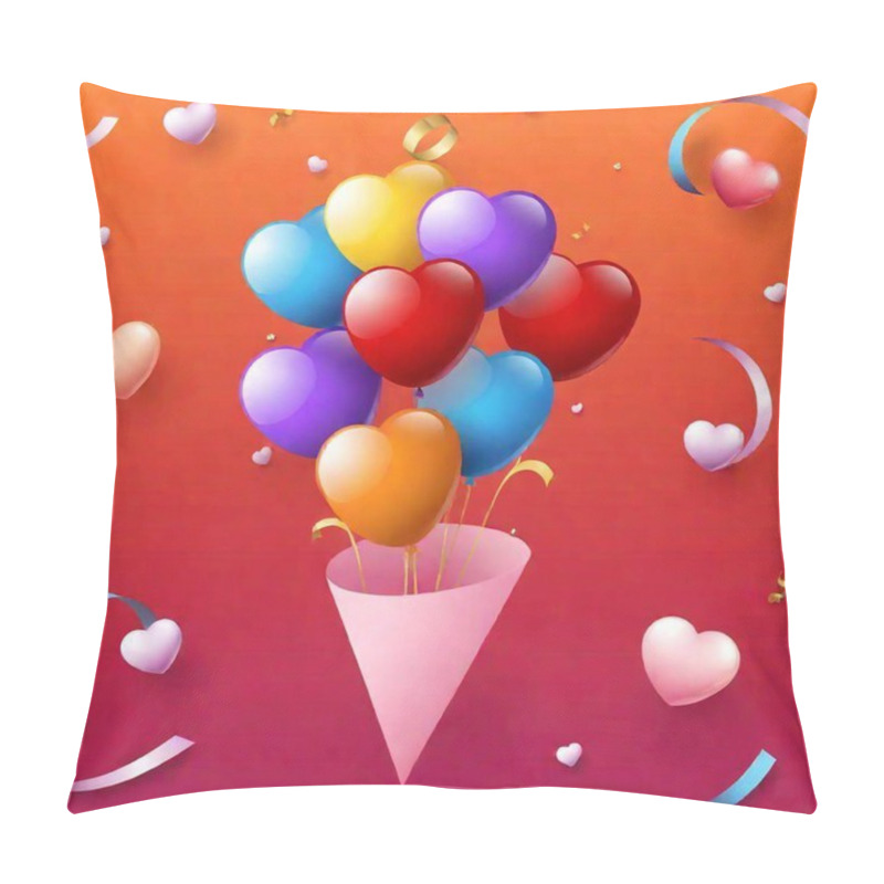 Personality  Heart Shaped Balloons In Shape Of A Bouquet, Surrounded By Decorative Elements Like Ribbons, Confetti, And Small Hearts Pillow Covers