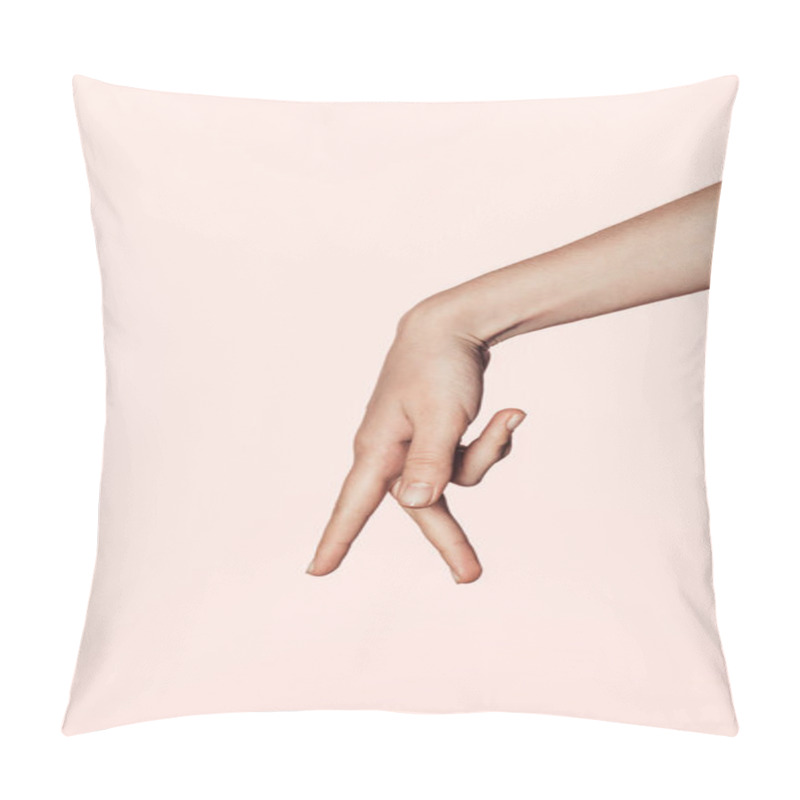 Personality  Cropped Image Of Woman Showing Gesture With Two Fingers Down Isolated On Pink Background Pillow Covers