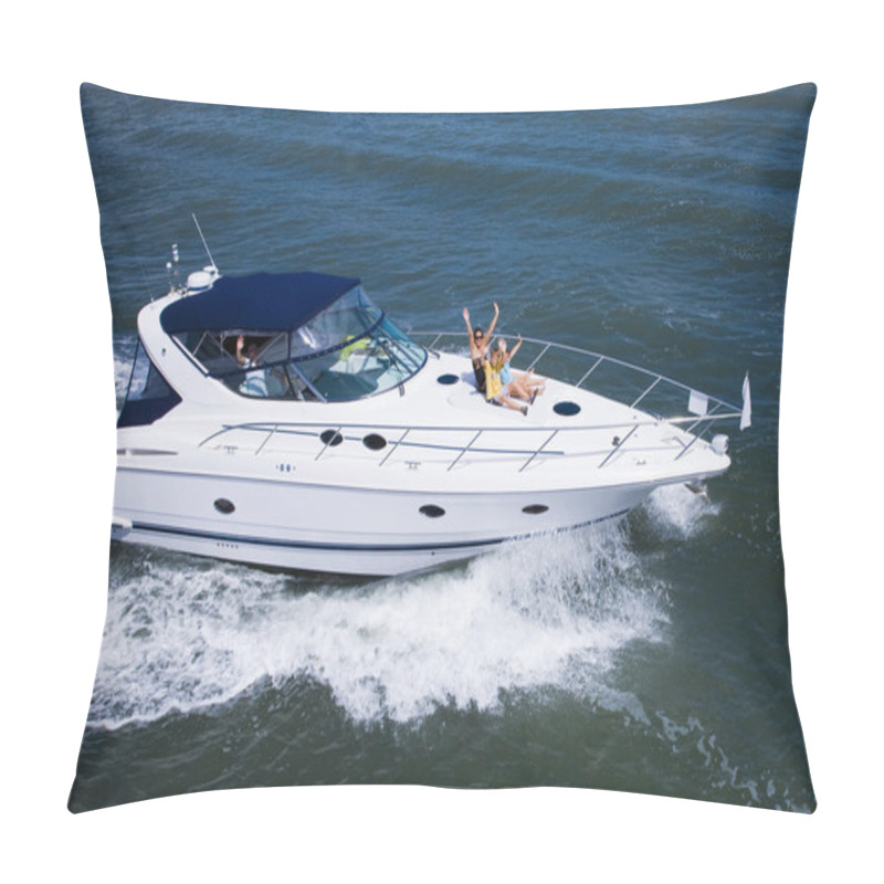 Personality  Mother With Two Kids Sitting In A Yacht Pillow Covers