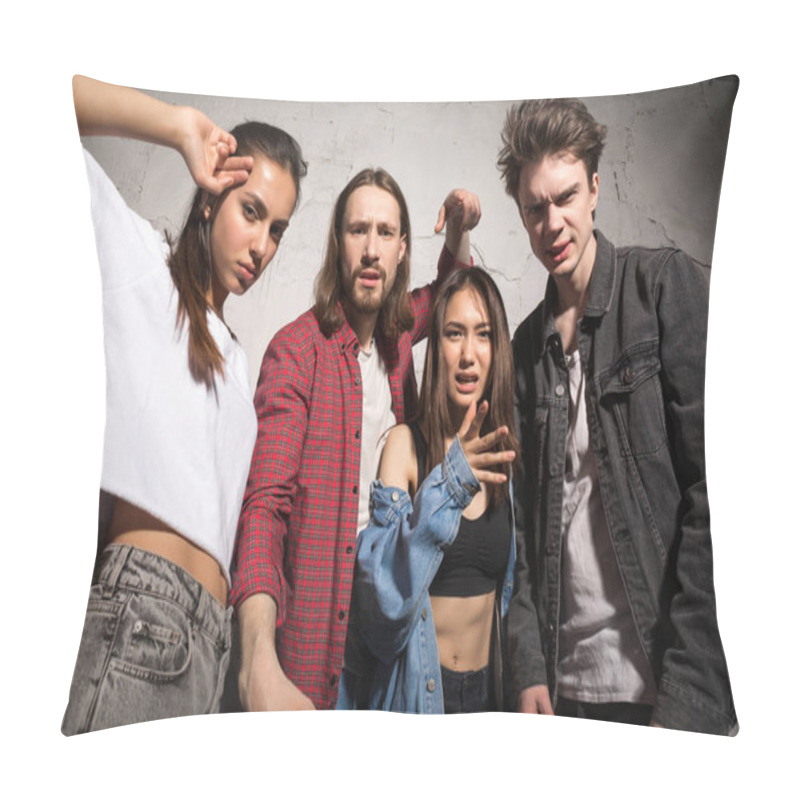 Personality  Angry Hipsters Friends Standing Over Gray Background Pillow Covers