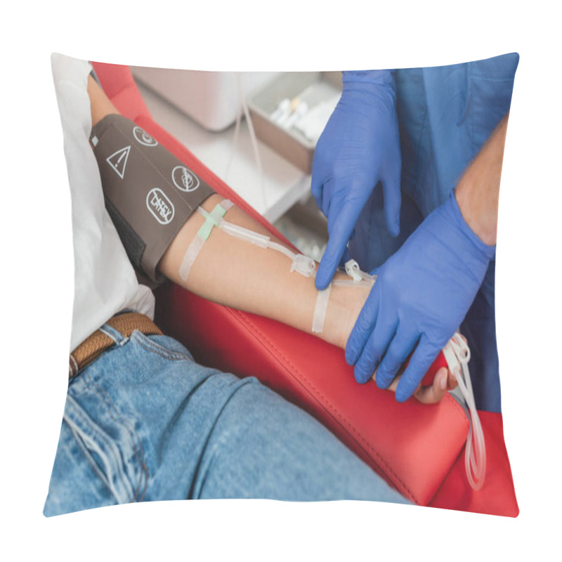 Personality  Cropped View Of Doctor In Latex Gloves Sticking Band-aid On Arm Of Multiracial Woman With Pressure Cuff And Transfusion Set During Blood Donation In Clinic Pillow Covers