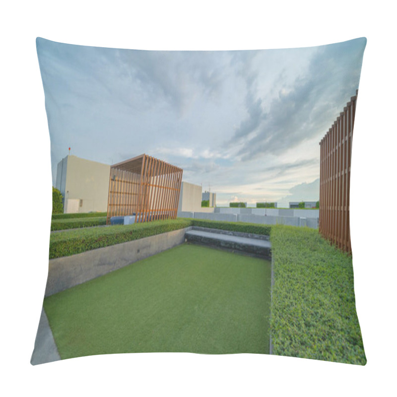 Personality  Sky Garden On Private Rooftop Of Condominium Or Hotel, High Rise Architecture Building With Tree, Grass Field, And Blue Sky. Pillow Covers