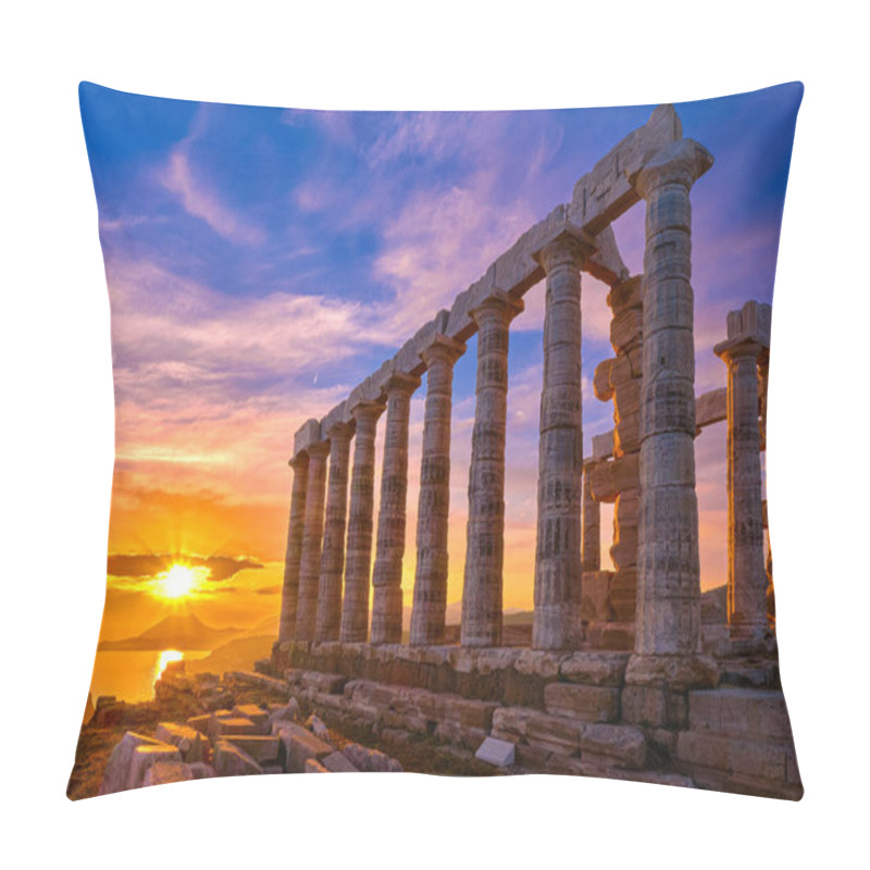 Personality  Beautiful Sunset Sky And Ancient Ruins Of Temple Of Poseidon, Cape Sounio, Aegean Sea Coast, Greece. Travel Destination Of Athens Area, Important Center Of Ancient Greek Religion For Olympian Greek Pillow Covers