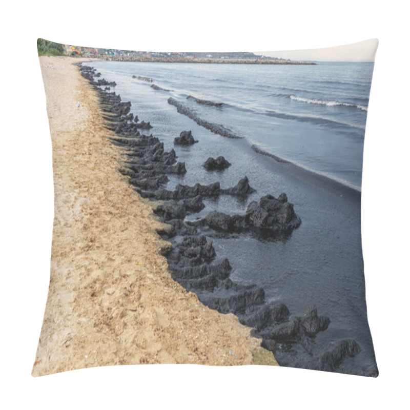 Personality  The Sea And The Beach Are Polluted With Oil. A Crude Oil Spill On The Sand Of A City Beach. Beach Oil Spill Impact, Pollution, Waste Disposal. Ecological Catastrophy Pillow Covers