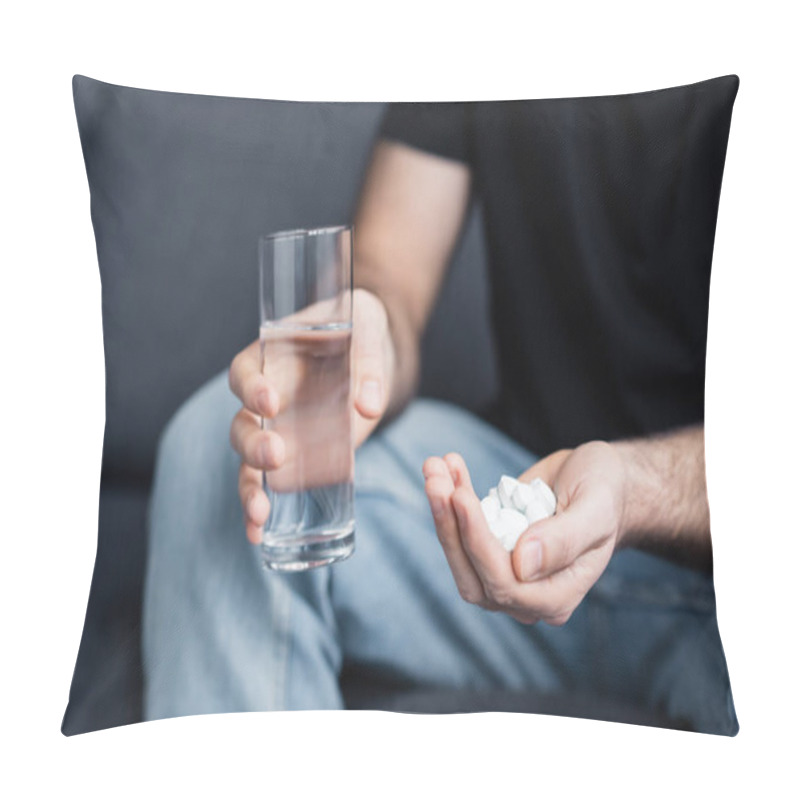 Personality  Partial View Of Man Holding Glass Of Water And Handful Of Drugs Pillow Covers