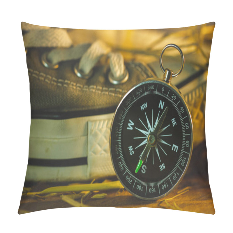 Personality  Compass And Sneakers With Pine Flowers And Dry Wheat Straw On Wooden Table In Morning Sunlight. Concept Of Adventure Tourism Or Survival In The Forest. Pillow Covers