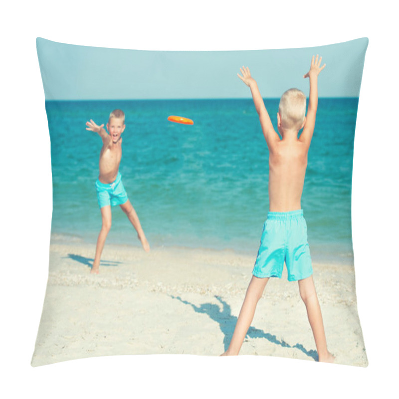 Personality  Brothers Play With Frisbee On The Beach. Summer Holidays. Pillow Covers