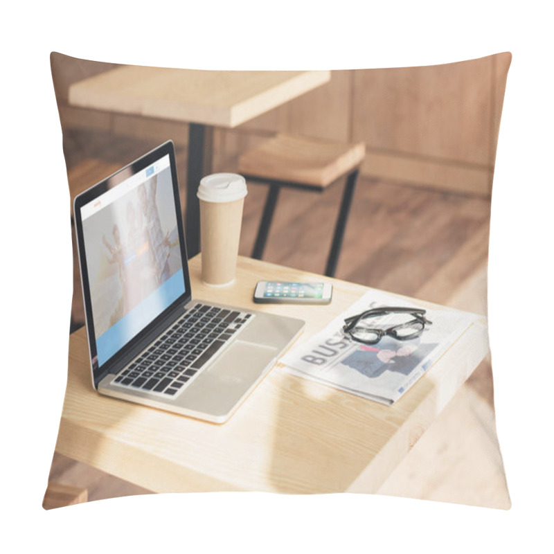 Personality  Laptop With Couchsurfing, Smartphone And Business Newspaper On Table In Coffee Shop Pillow Covers