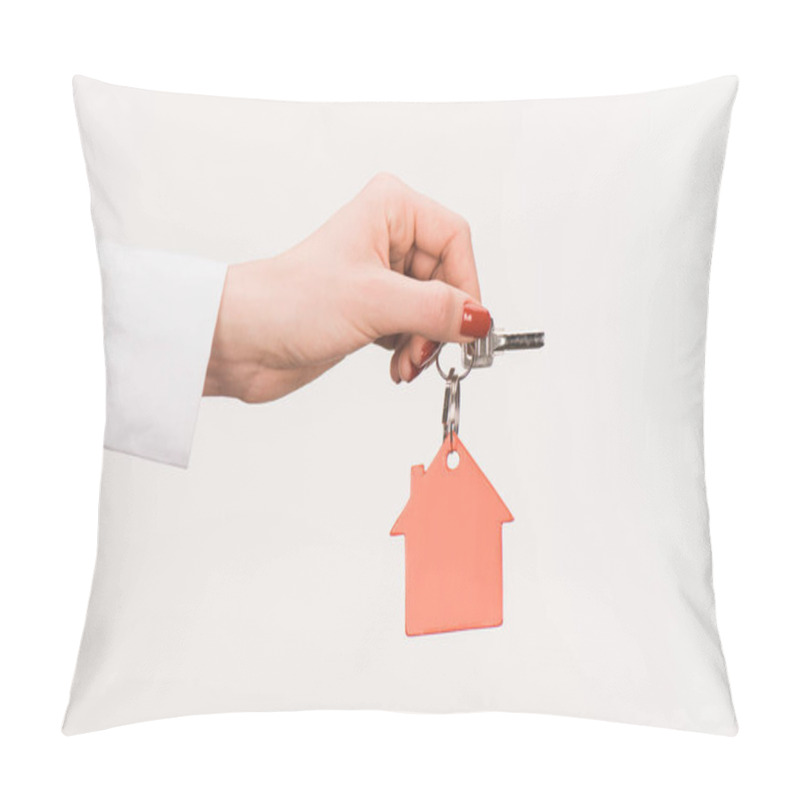 Personality  Cropped Image Of Female Hand Holding Key From House Isolated On White Pillow Covers