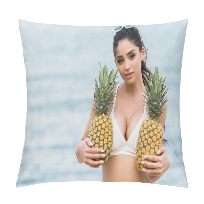 Personality  Girl In White Bikini Holding Sweet Pineapples Near The Sea Pillow Covers