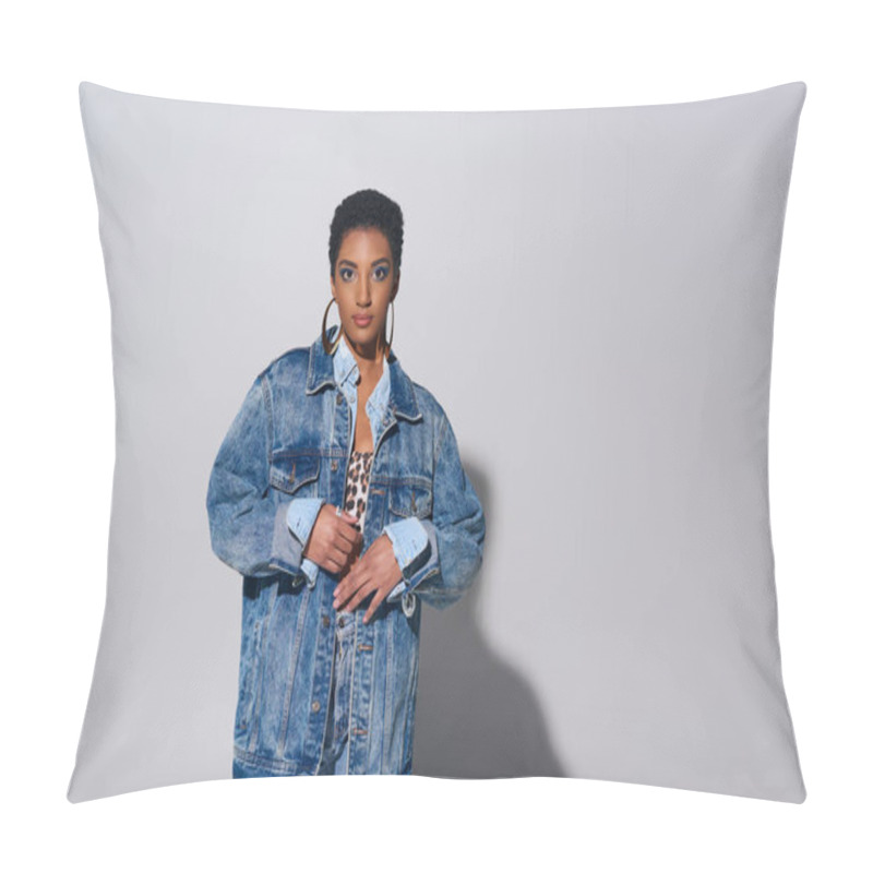 Personality  Fashionable African American Woman With Short Hair Looking At Camera While Posing In Denim Jacket And Golden Earrings On Grey Background, Denim Fashion Concept Pillow Covers