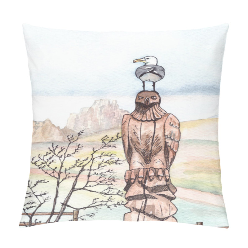 Personality  Seagull Sits On The Head Of A Wooden Eagle Against The Backdrop Of Lake Baikal And The Shamanka Cliffs On Olkhon Island, Graphic And Watercolor Drawing, Travel Sketch, Copy Spase. High Quality Illustration Pillow Covers