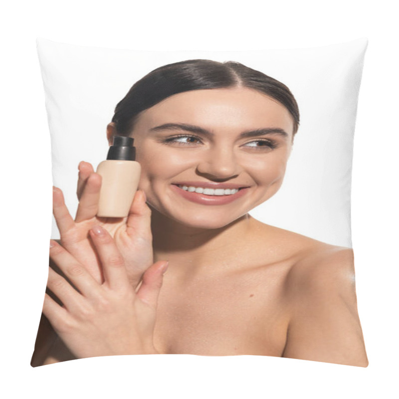 Personality  Cheerful Young Woman Holding Bottle With Liquid Face Foundation Isolated On White  Pillow Covers