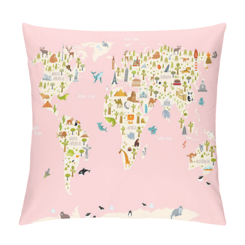 Personality  Print. World Map With Animals And Architectural Landmarks For Kids. Eurasia, Africa, South America, North America, Australia. Cartoon Animals. Pillow Covers