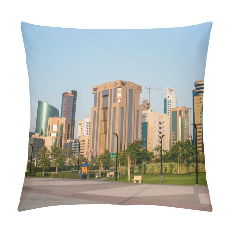 Personality  A City View Of Corporate Buildings In The Diplomat Area, Manama, Capital Of Bahrain. Pillow Covers