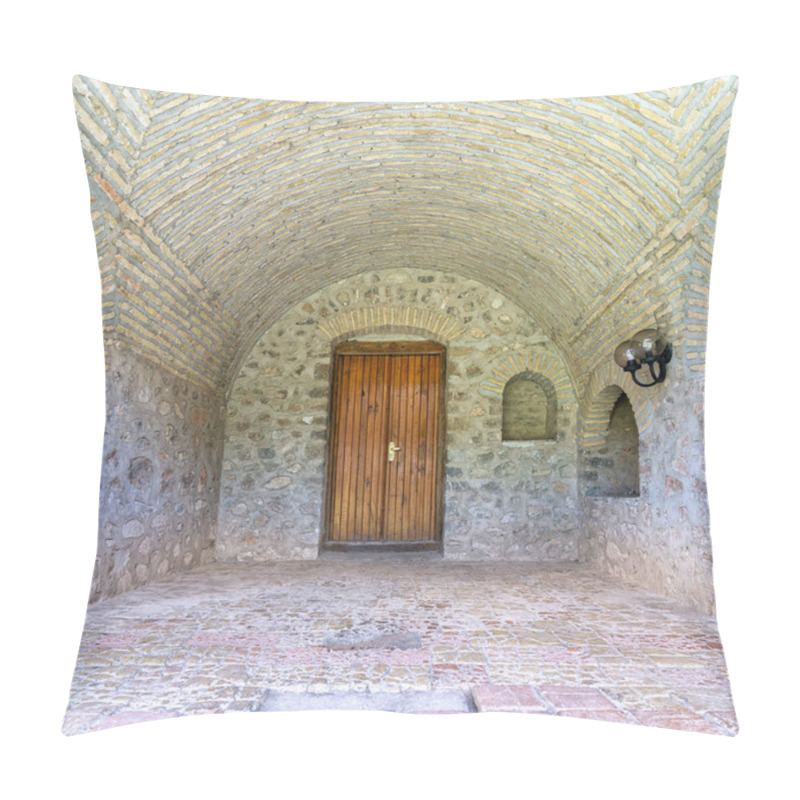 Personality  Stone Archway With A Rustic Wooden Door, Vaulted Brick Ceiling, Cobblestone Floor, Recessed Niches, At The Upper Caravanserai Courtyard In Shaki, Azerbaijan Pillow Covers