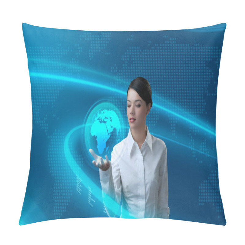 Personality  Attractive Brunette Holding Virtual Globe Pillow Covers