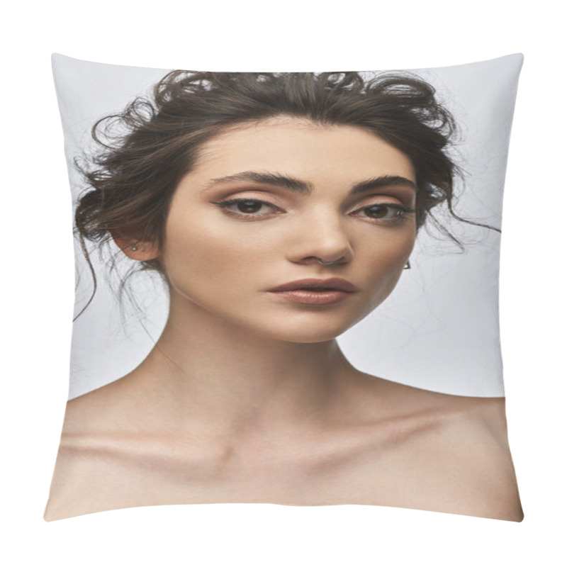 Personality  Portrait Of A Young Woman With Dark Updo, Minimal Makeup, And A Nose Ring. Pillow Covers