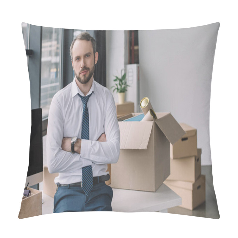 Personality  Businessman With Crossed Arms Looking At Camera While Sitting On Table With Boxes In New Office Pillow Covers