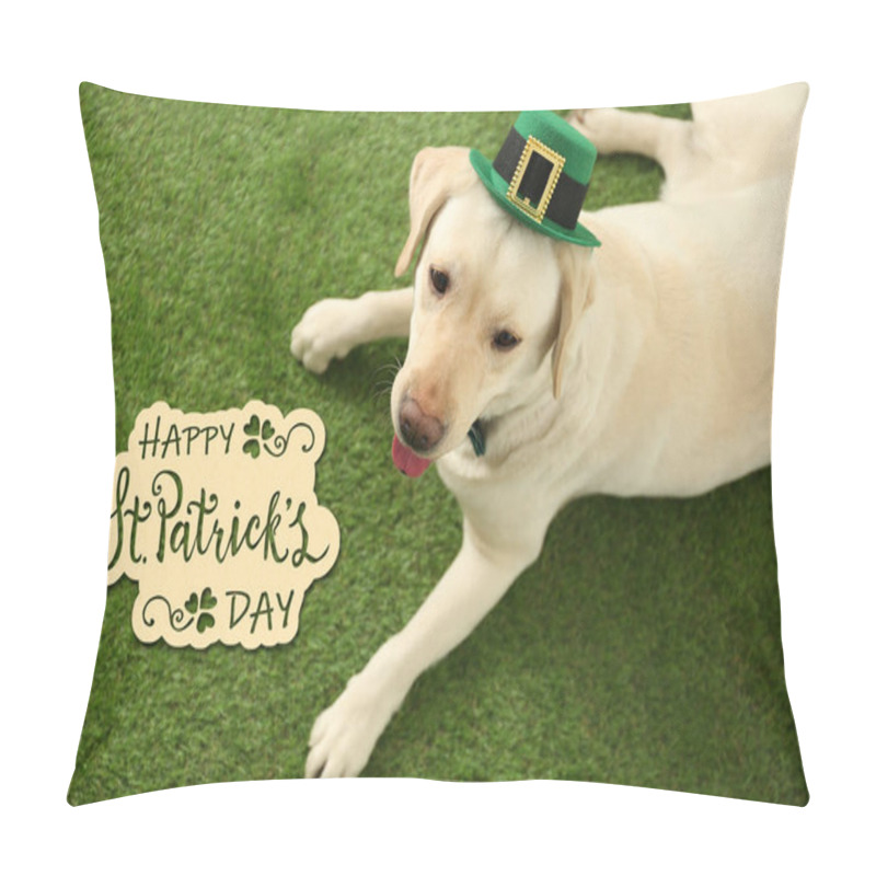 Personality  Labrador Retriever With Leprechaun Hat On Green Grass, Above View. St. Patrick's Day Pillow Covers