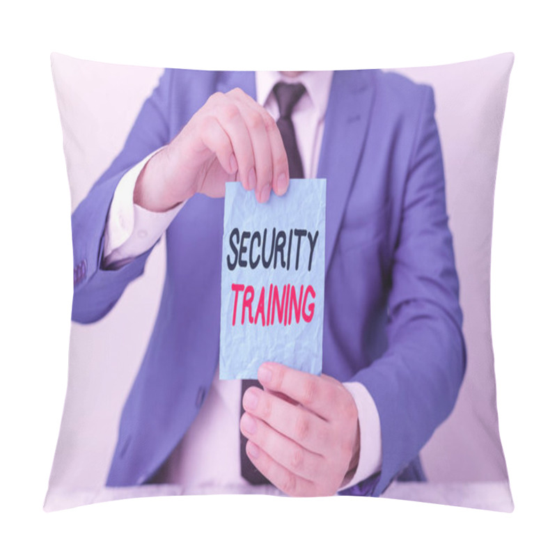 Personality  Conceptual Hand Writing Showing Security Training. Business Photo Showcasing Providing Security Awareness Training For End Users Man Holds Empty Paper With Copy Space In Front Of Him Space. Pillow Covers