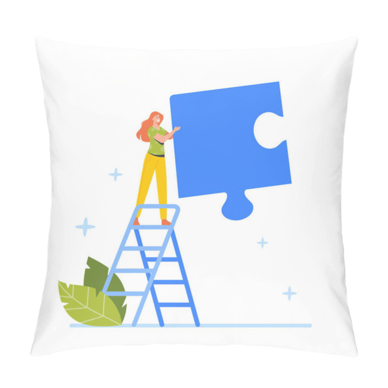 Personality  Young Woman Stand On Ladder With Huge Puzzle Piece In Hands. Teamwork Cooperation, Task Solution, Creative Idea Pillow Covers