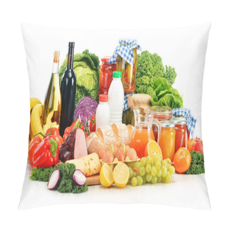 Personality  Composition With Variety Of Grocery Products Isolated On White Pillow Covers